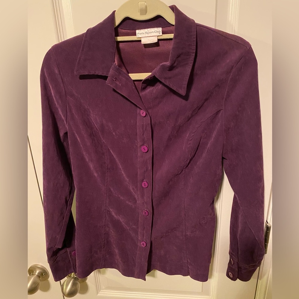 Vintage 90s Womens Paris Sport Club Purple Faux Suede Button Down Shirt Sz M